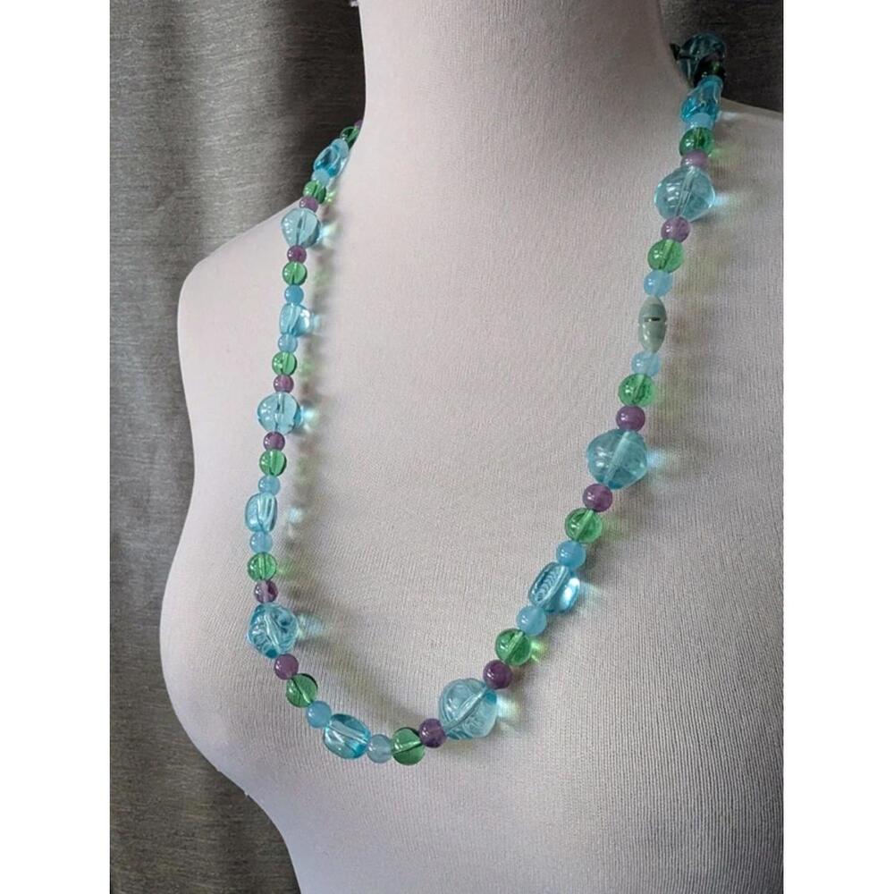 Vintage Necklace 70s Blue Glass Chunky Beaded Necklace